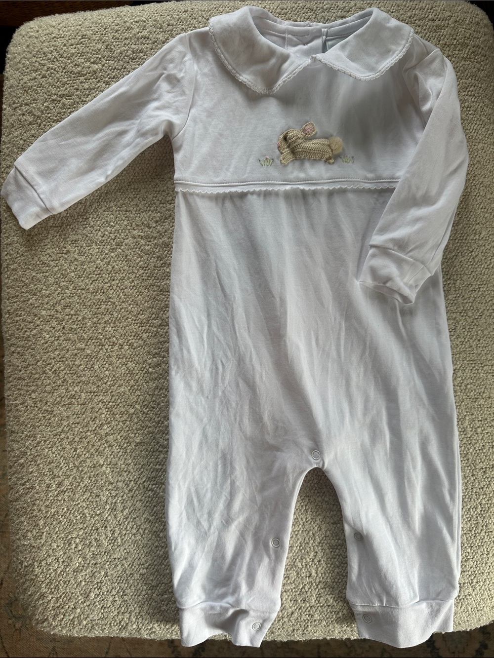 Little English White Playsuit with Crochet Bunny